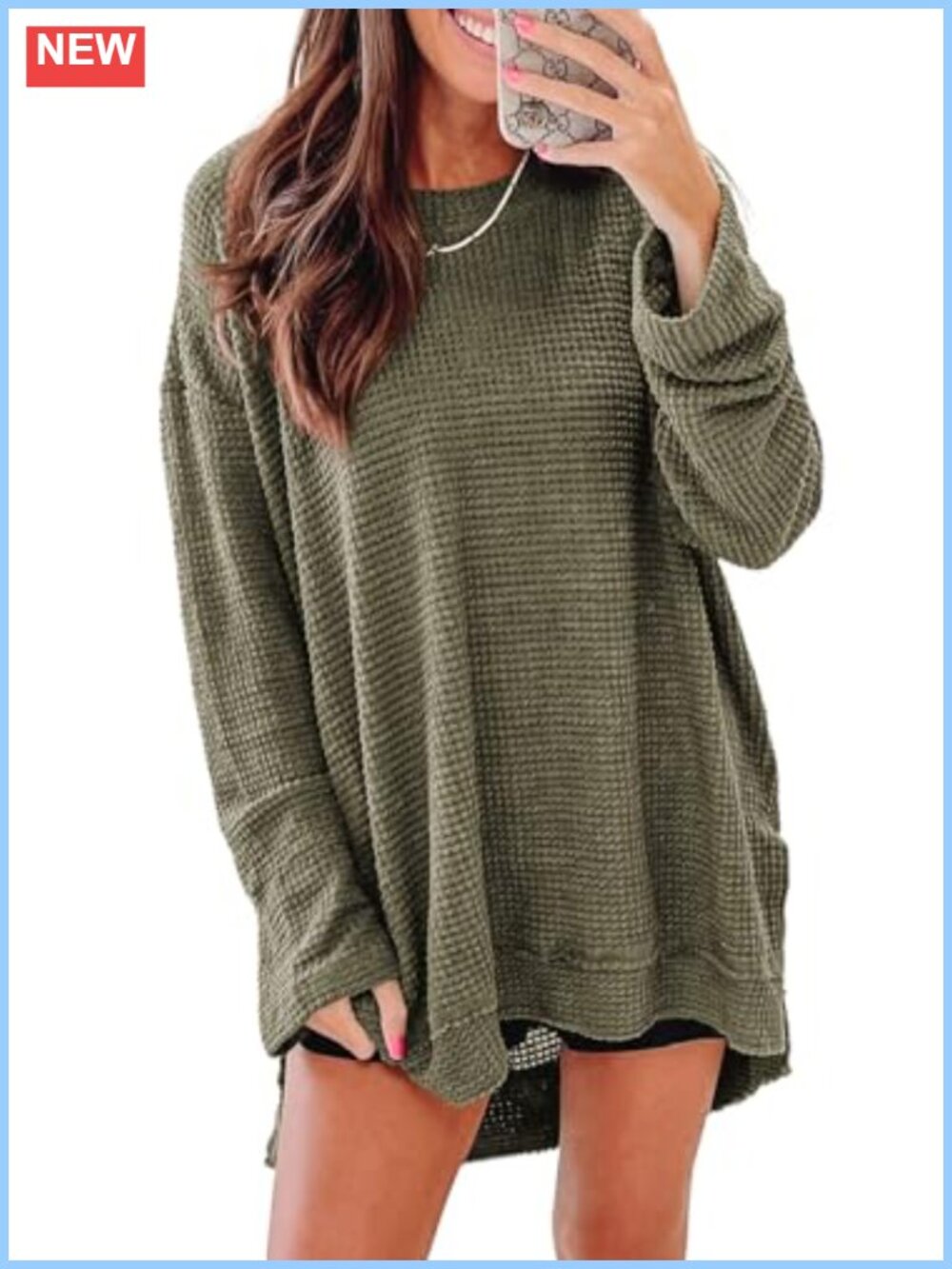 Oversized Women Crewneck Long Sleeve Waffle Knit Tunic Top